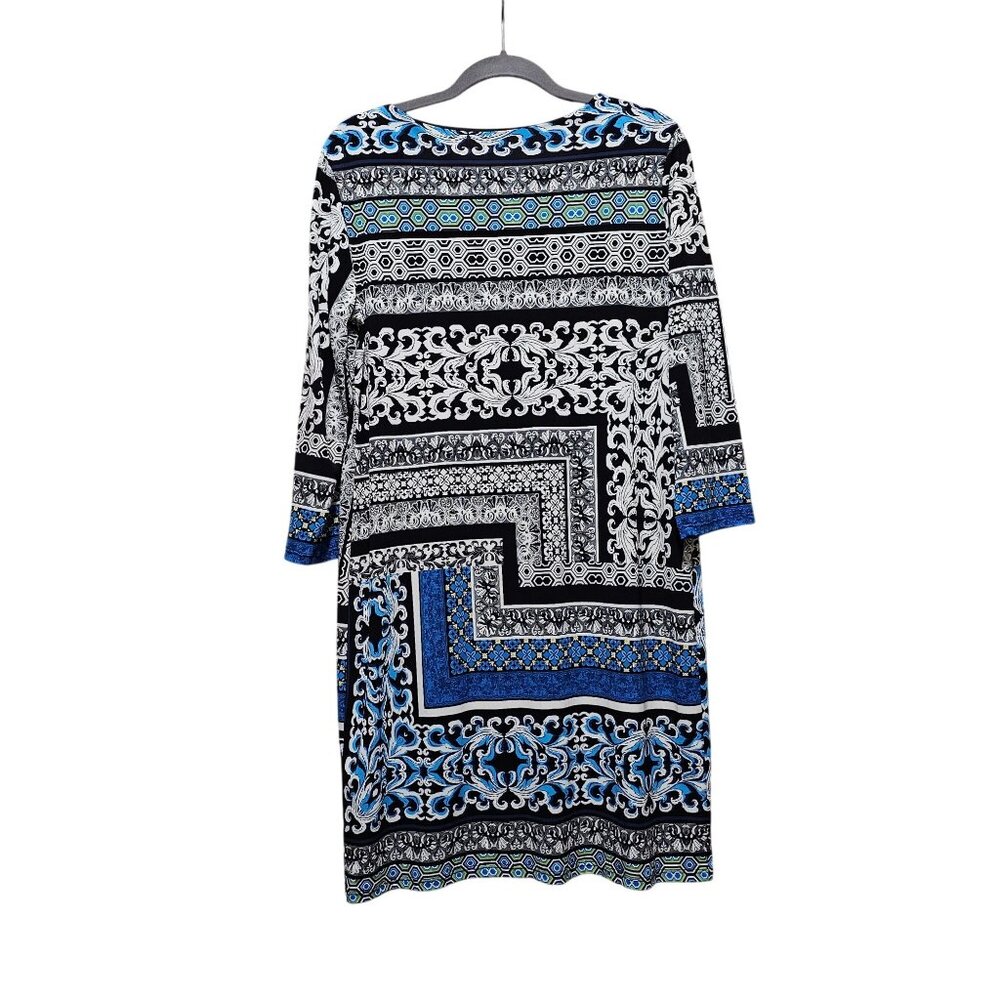 Geometric Print Tiana B. Dress With 3/4 Sleeves In Black/Blue Size M - Picture 4 of 9